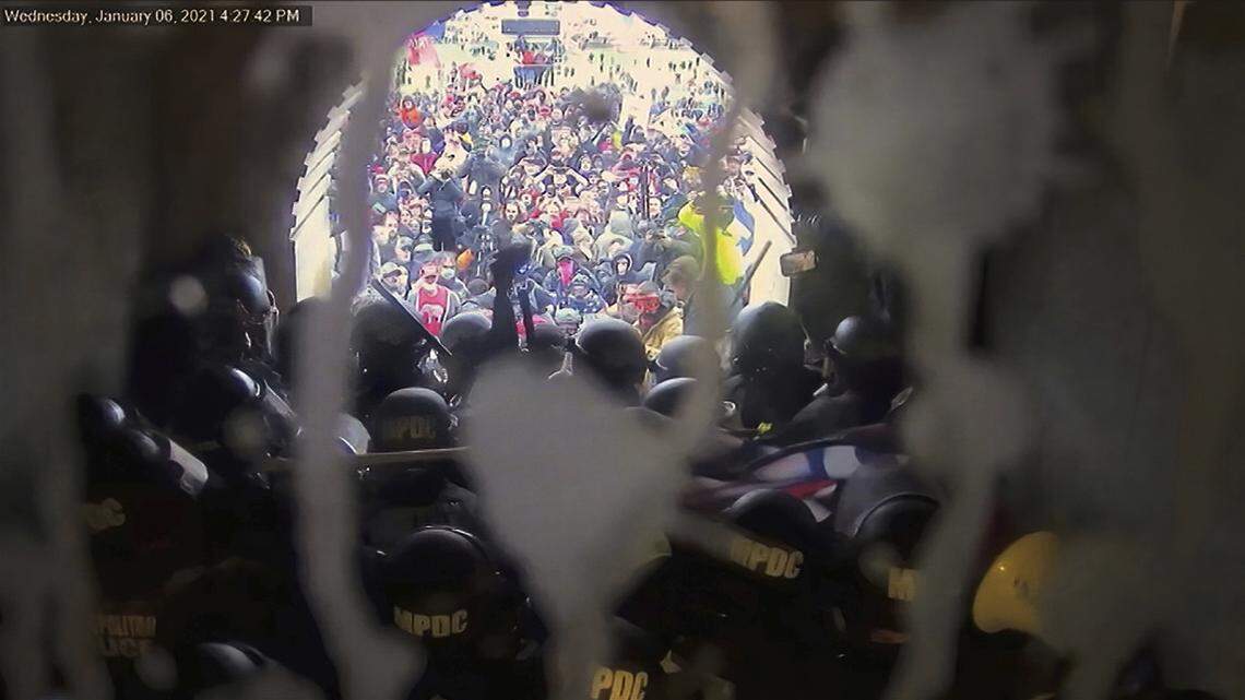 In this image from video, security video is shown to senators, as House impeachment manager Rep. Eric Swalwell, D-Calif., speaks during the second impeachment trial of former President Donald Trump in the Senate at the U.S. Capitol in Washington, Wednesday, Feb. 10, 2021. Some Republican senators have signaled they will still vote to acquit Trump after seeing the footage. (Senate Television via AP)