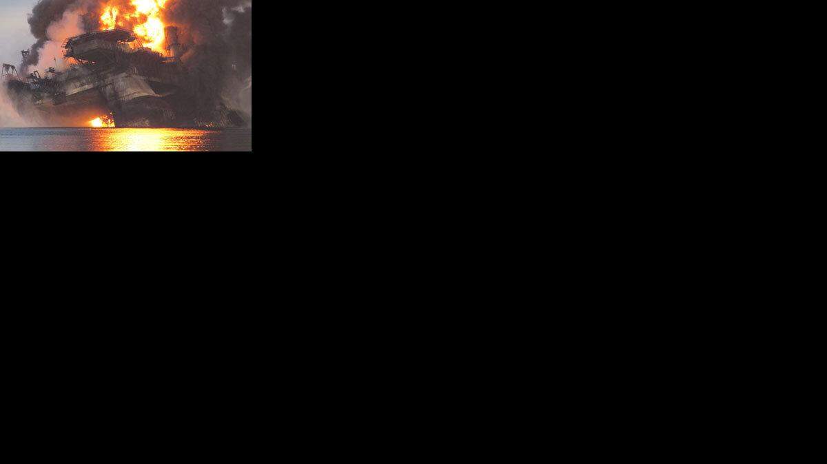 This photo was taken shortly before the Deepwater Horizon offshore oil drilling platform sank into the Gulf of Mexico April 22. The rig had been burning for nearly two days before it buckled and sank. The photo was taken by the captain of a boat that was searching for victims of the disaster.