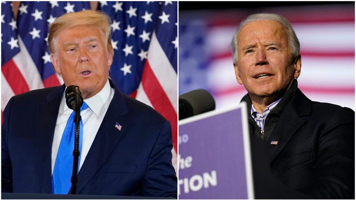 AP FILE -- President Donald Trump, left, and President-elect Joe Biden. A Rocklin, California, man filed for restraining orders against neighbors days after the election, alleging they stole a Trump sign and harassed him, including by shouting “Biden” chants at his house Saturday, the day media organizations called the race.
