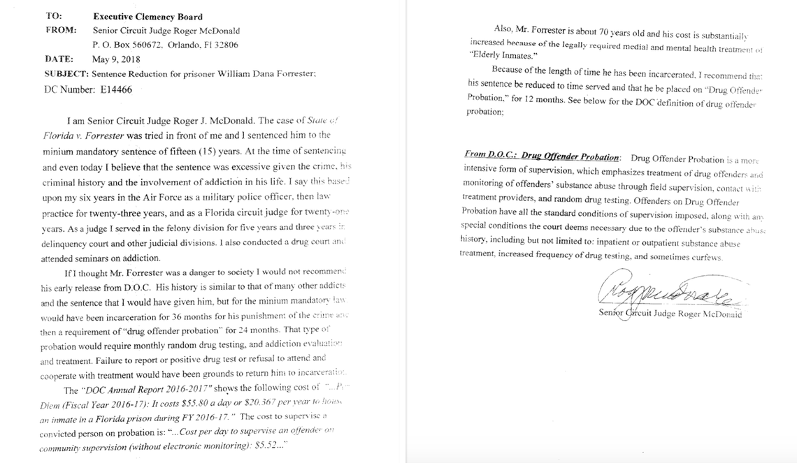 Judge Roger McDonald’s letter of support to the Clemency Board recommending William Forrester’s sentence be commuted in light of the pandemic, time served and his old age.
