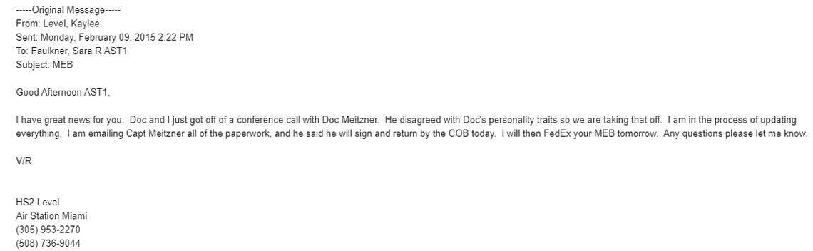 This screen shot of an email to Faulkner shows her receiving word that the Coast Guard had dropped the diagnosis of personality disorder they were using to try to discharge her.