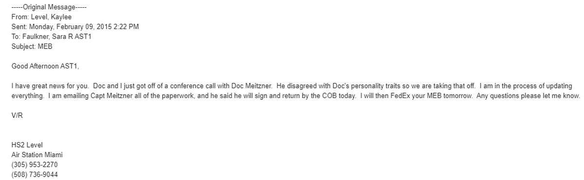This screen shot of an email to Faulkner shows her receiving word that the Coast Guard had dropped the diagnosis of personality disorder they were using to try to discharge her.