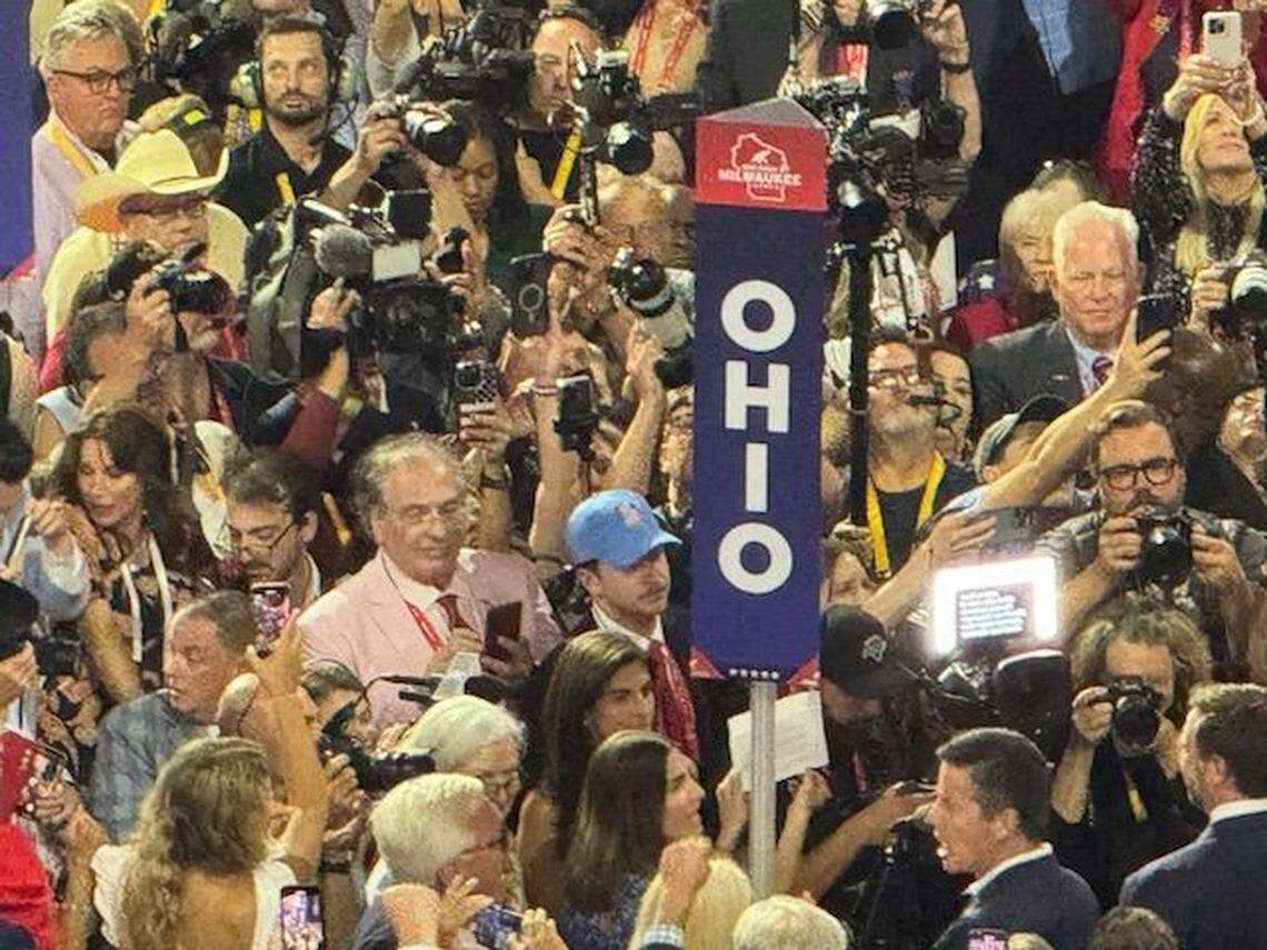 A.J. Daoud (in pink seersucker), a North Carolina delegate, stands among the delegates at the Republican National Convention in Milwaukee, Wisconsin on July 15, 2024.
