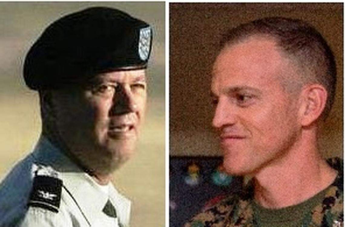 At left, Army Col. James L. Pohl, the long-serving military commissions judge and, at right, Marine Col. Keith Parrella,whom Pohl named to replace him in the Sept. 11 conspiracy trial. Getty/Pentagon file photos