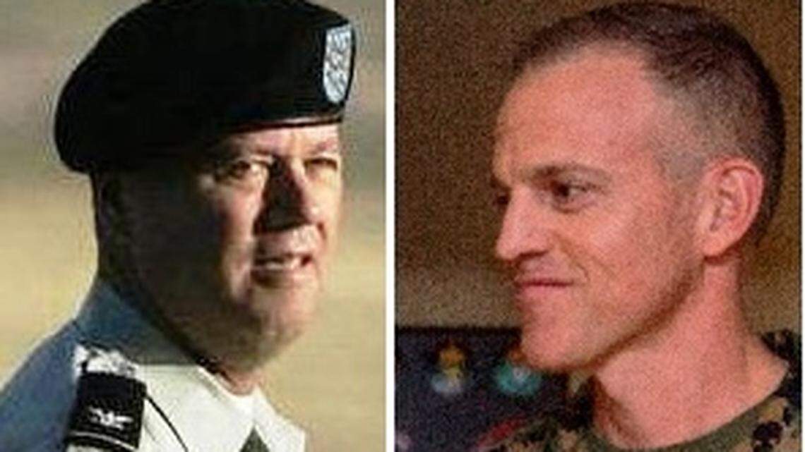 At left, Army Col. James L. Pohl, the long-serving military commissions judge and, at right, Marine Col. Keith Parrella,whom Pohl named to replace him in the Sept. 11 conspiracy trial. Getty/Pentagon file photos