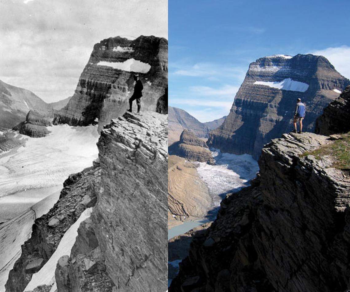 Photos taken in 1920, left, and 2010 show how the Grinnell Glacier in Montana’s Glacier National park has shrunk over 90 years, as the world has warmed. A study published Monday adds to the fears that glaciers could completely disappear in this park by the end of the century.