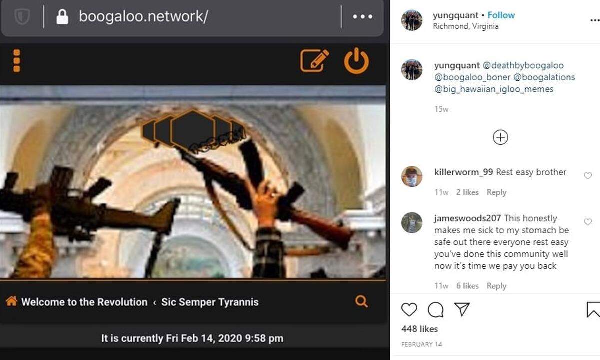 This screenshot shows one of the final postings on Instagram by Duncan Lemp, a 21-year-old man killed in a police raid on his home on March 12, 2020. He has become a martyr for right-wing pro-gun, anti-government activists who have chanted his name during nationwide protests against the killing by police in Minnesota of George Floyd.
