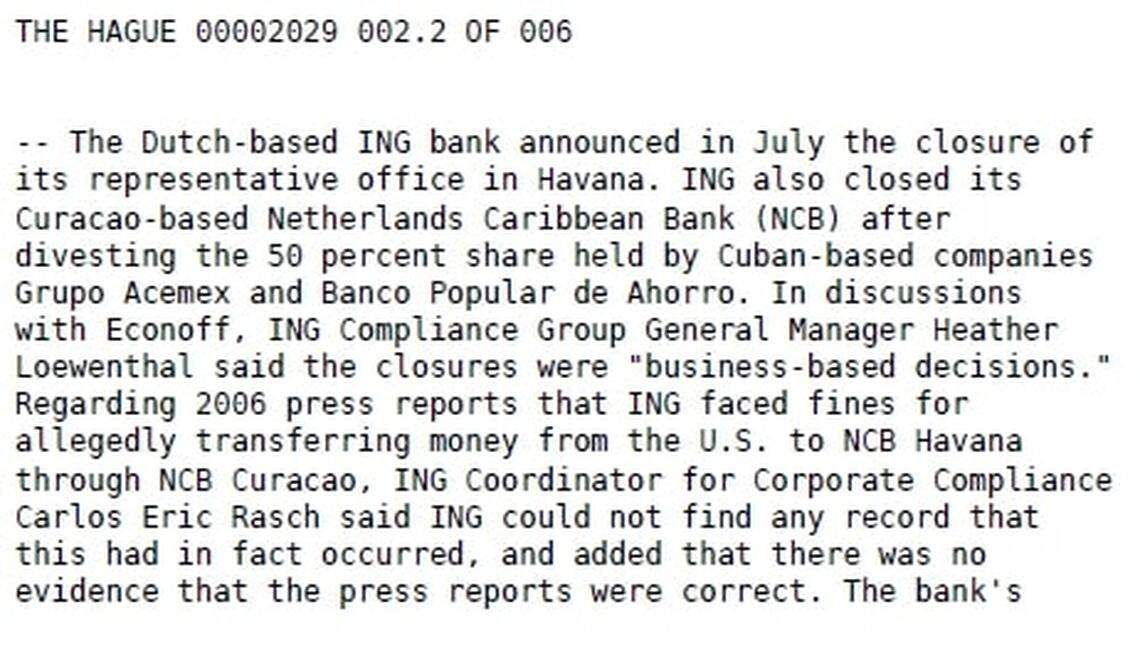 This screenshot shows part of a confidential State Department memo sent from The Hague in December 2007 discussing an investigation into the Dutch bank ING and its operations in and with Cuba. The document lists Acemex Management Company Limited, by then domiciled in tiny Liechtenstein, as co-owner of a bank in the former Dutch colony of Curaçao.