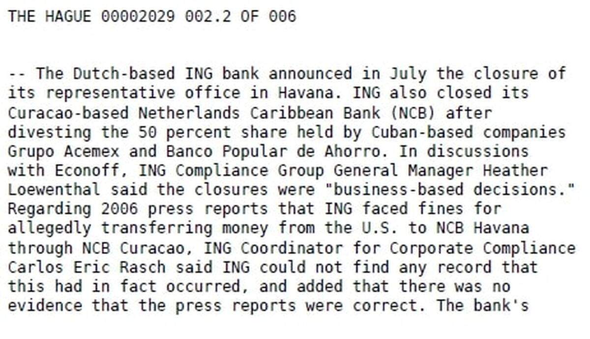This screenshot shows part of a confidential State Department memo sent from The Hague in December 2007 discussing an investigation into the Dutch bank ING and its operations in and with Cuba. The document lists Acemex Management Company Limited, by then domiciled in tiny Liechtenstein, as co-owner of a bank in the former Dutch colony of Curaçao.