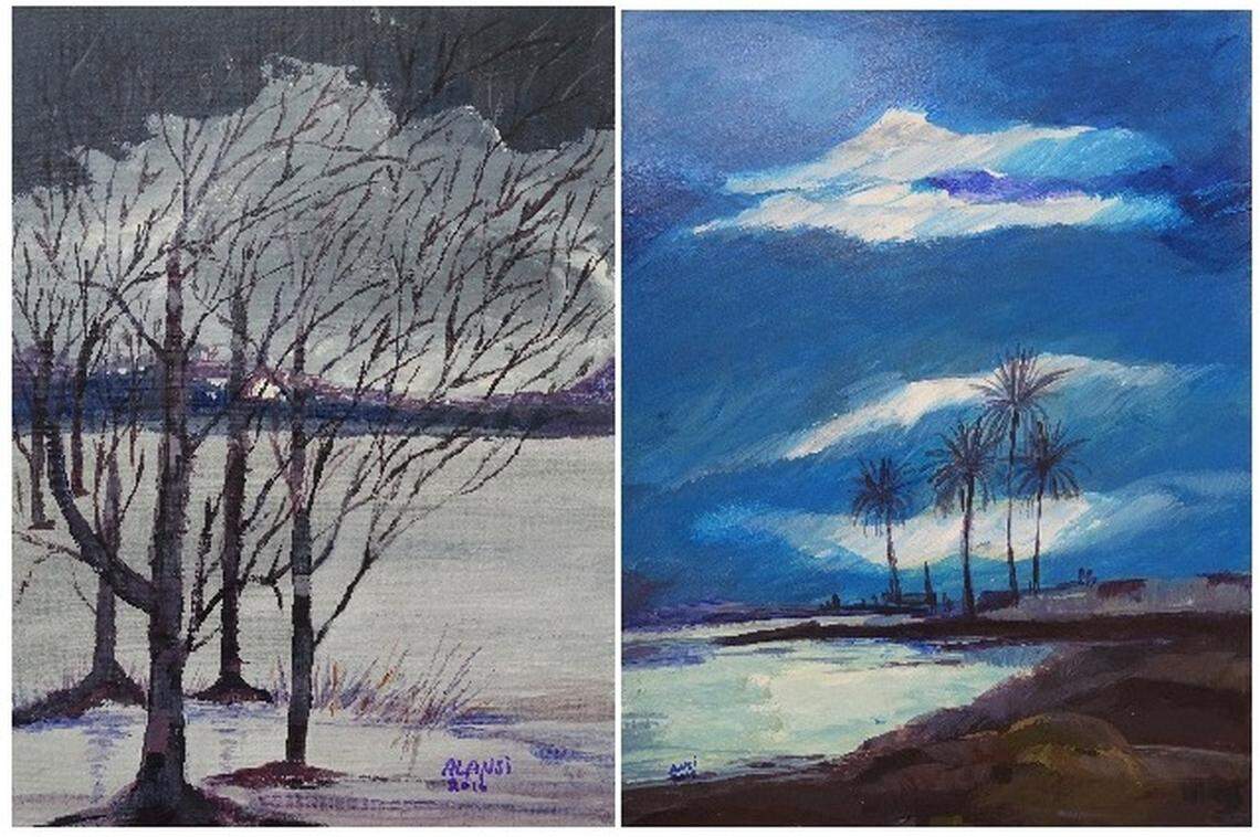 Christine Affleck bought two paintings done at Guantánamo by former prisoner Mohammed al Ansi as Christmas presents for her sons, Ben and Casey. At left, “Winter Lake With Bare Trees.” At right, “Shore With Palm Trees and Buildings.” The art is in California. Ansi, a Yemeni, was resettled in Oman last year.