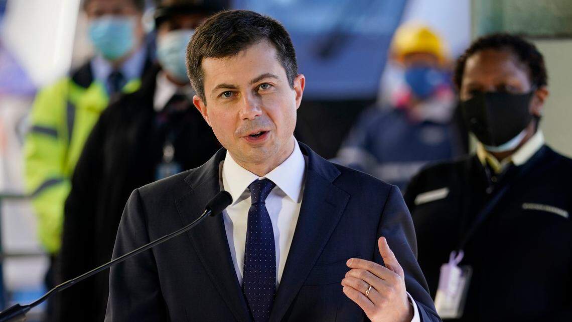 Transportation Secretary Pete Buttigieg speaks at Union Station in Washington, Friday, Feb. 5, 2021. He said Monday that a mileage tax was not under consideration under President Joe Biden’s infrastructure plan. (AP Photo/Carolyn Kaster)