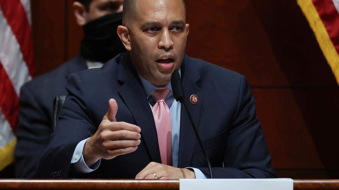 In this July 28, 2020, file photo, Rep. Hakeem Jeffries, D-N.Y., questions Attorney General William Barr during a House Judiciary Committee hearing on the oversight of the Department of Justice on Capitol Hill, in Washington. A man is accused of threatning members of Jeffries’ family on the same day of the U.S. Capitol attack.