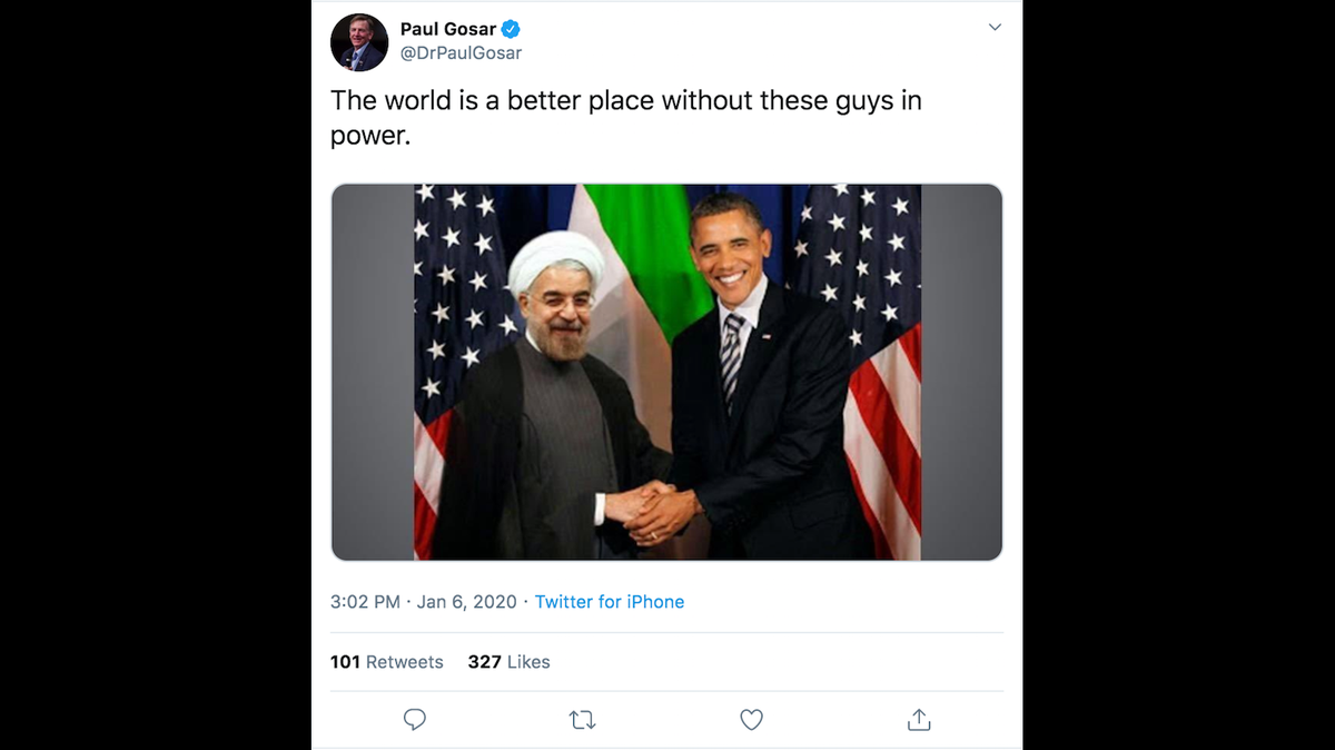 Photoshopped fake image from Arizona GOP Congressman Paul Gosar shows former President Obama and Iran President Hassan Rouhani saying the world would be “better off without either of them.”