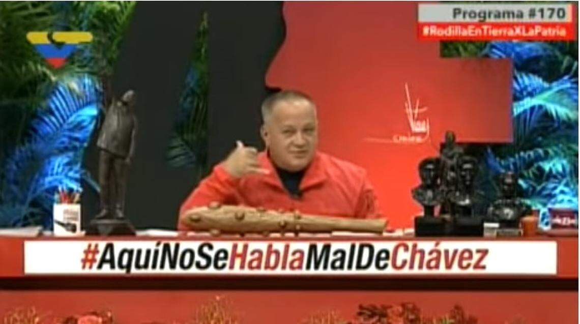 This screenshot of an Aug. 17, 2017, broadcast on Venezuelan state TV network VTV shows Diosdado Cabello, the president of the legislative body and considered the second most powerful man in Venezuela. Here Cabello is alleging government prosecutors probing corruption were extorting government officials.