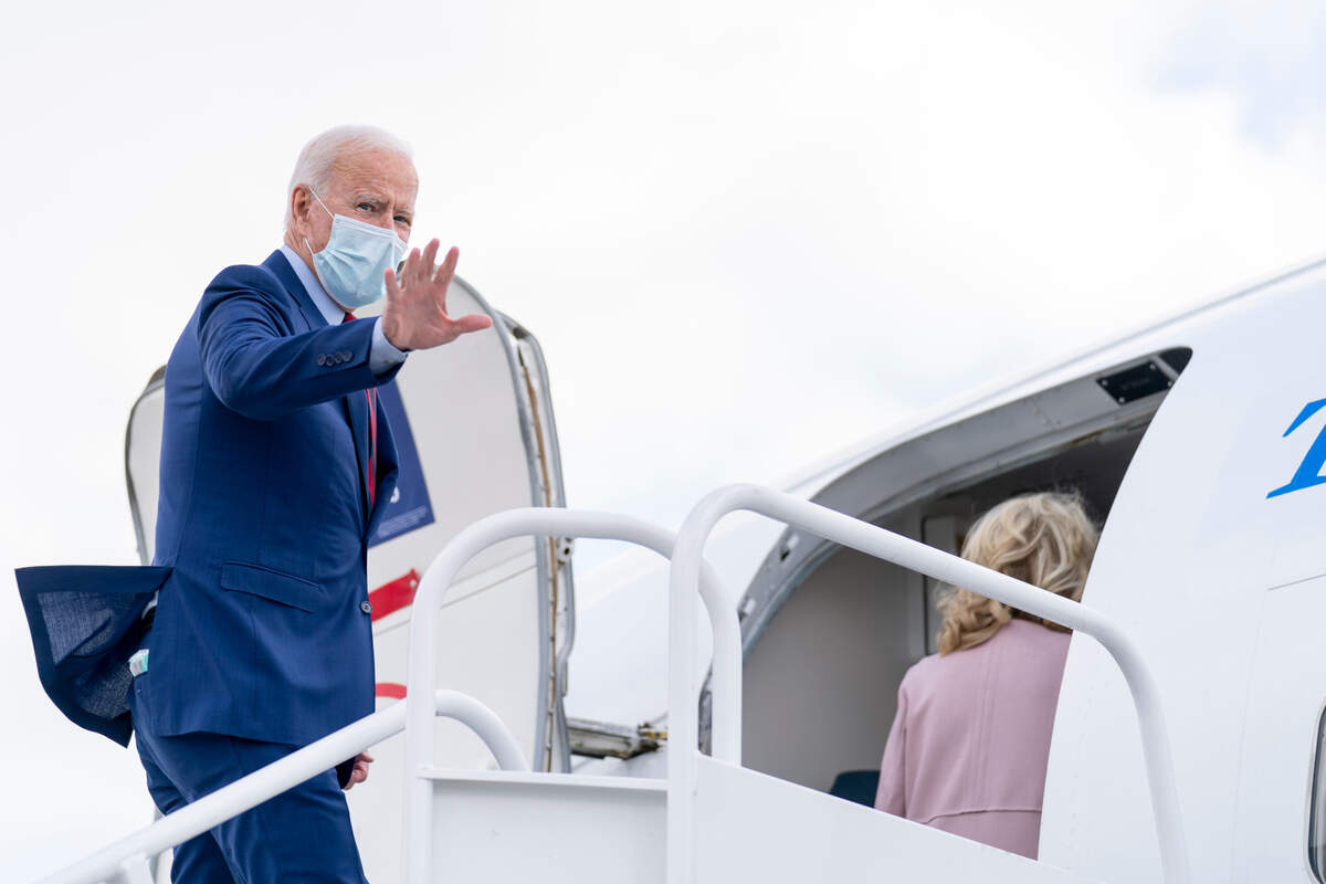 Democratic presidential candidate former Vice President Joe Biden boards his campaign plane at New Castle Airport in New Castle, Del., Monday, Oct. 5, 2020, to travel to Miami for campaign events. (AP Photo/Andrew Harnik)