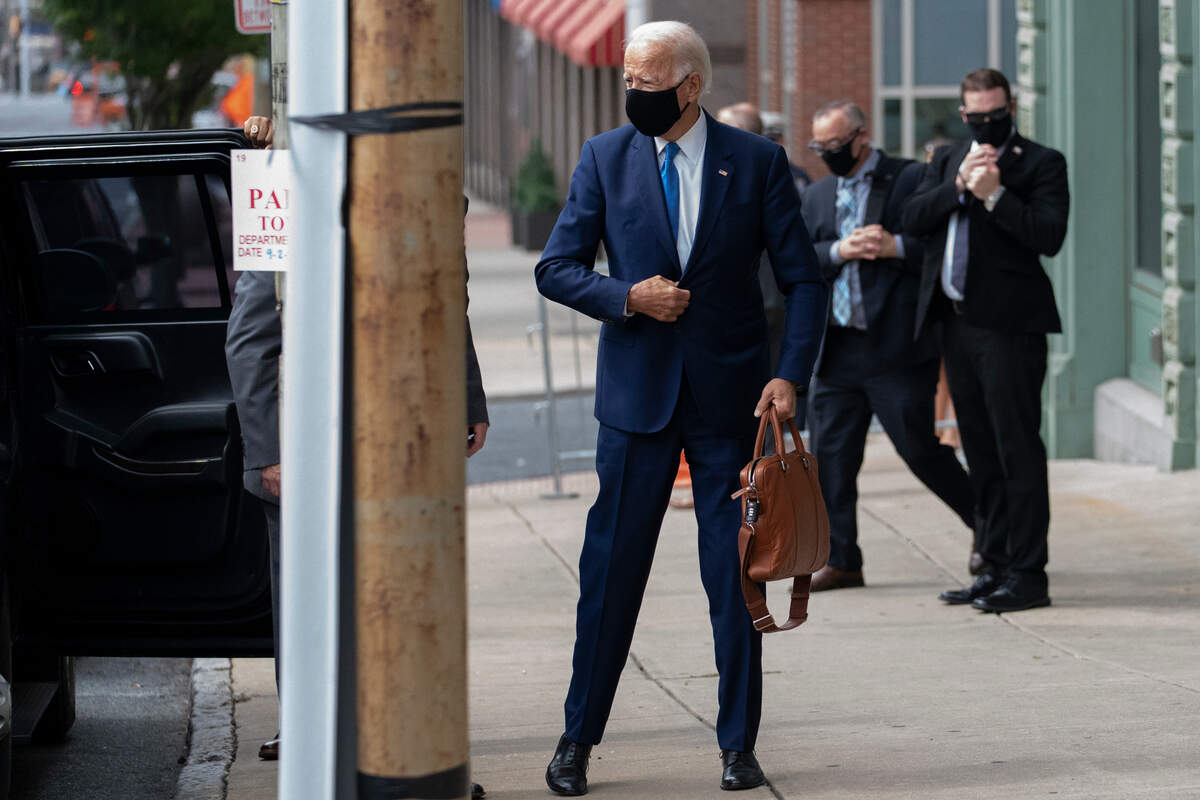 Democratic presidential candidate former Vice President Joe Biden arrives to receive a briefing from education leaders and experts in Wilmington, Del., Wednesday, Sept. 2, 2020. (AP Photo/Carolyn Kaster)