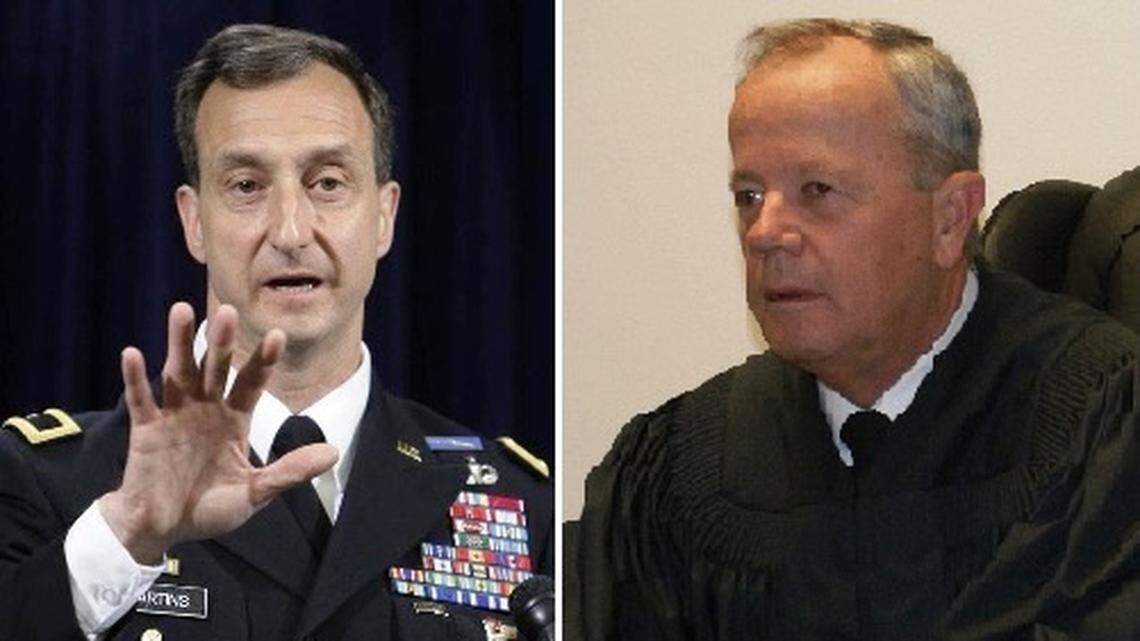 At left, Army Brig. Gen. Mark Martins, the chief war crimes prosecutor, speaking to reporters at Guantánamo, in a May 2012 Miami Herald file photo. At right, the chief military commissions judge, Army Col. James L. Pohl, sitting in court at Guantánamo in a Pentagon handout photograph.