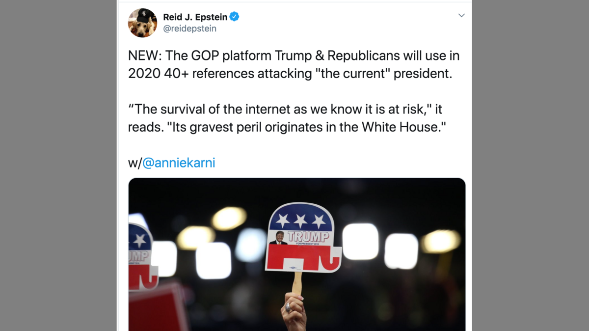 Tweet from a New York Times staffer on references to “the current president” in the GOP platform for 2016 and 2020