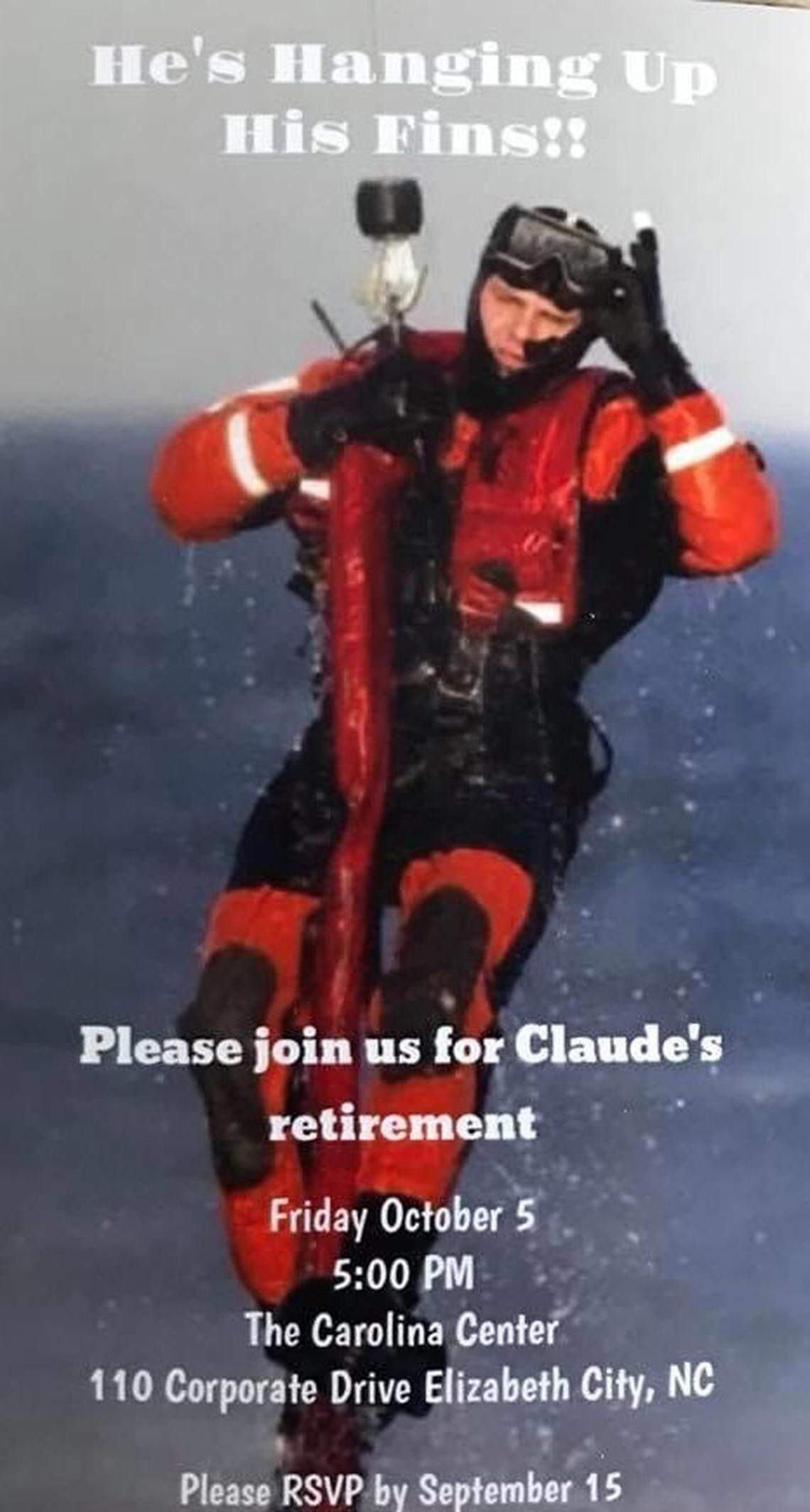 Morrissey’s retirement invitation in 2018. The photo used for the invitation showed him being hoisted during a winter rescue in the frigid waters off of Cape Cod in January 2006.
