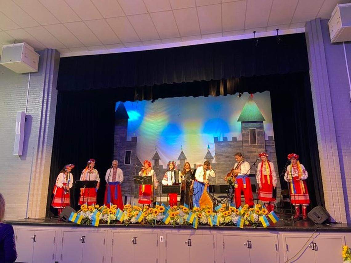 Nataliia Hays, second from the left, performs with Veselka, a Ukrainian folk singing group, in May 2022 at the Stand With Ukraine event in Dallas, Texas.