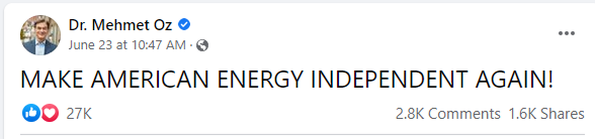 Oz actually topped Fetterman in interactions between June 19 and June 25, powered by a simple post that leaned into the phraseology of former President Trump: “Make American Energy Independent Again!”