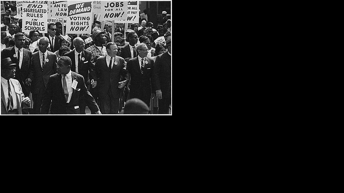 Leaders marching from the Washington Monument to the Lincoln Memorial at the Civil Rights March on Washington, D.C., 08/28/1963 (USIA/National Archives)