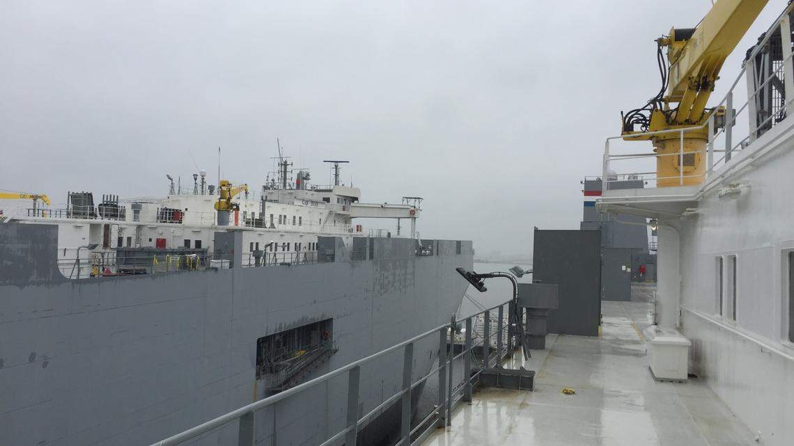 The Cape Wrath sits at port in a Baltimore harbor. It is one of 46 vessels in the Ready Reserve Force, a fleet of large vessels on standby to deploy U.S. military forces and equipment for conflict abroad.
