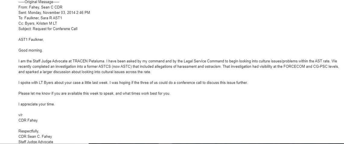 This screen shot of an email to Faulkner, the first woman to pass the Coast Guard’s rigid rescue-swimmer program, shows her being asked to provide information in a broader investigation into ‘cultural issues’ involving the service’s elite rescue swimmers.