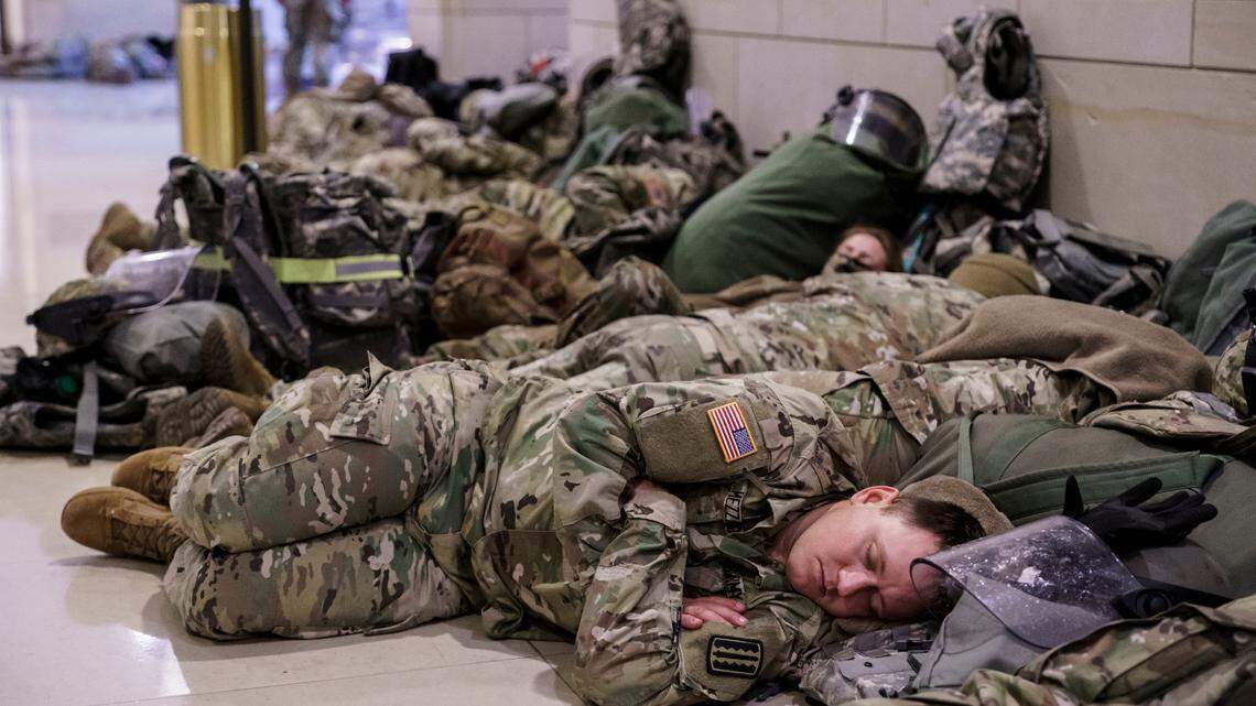 Hundreds of National Guard troops hold inside the Capitol Visitor’s Center to reinforce security at the Capitol in Washington, Wednesday, Jan. 13, 2021. (AP Photo/J. Scott Applewhite)