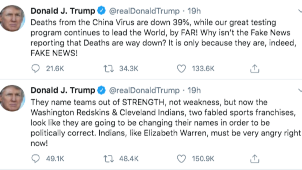 A screenshot of President Donald Trump’s tweets on July 6, 2020