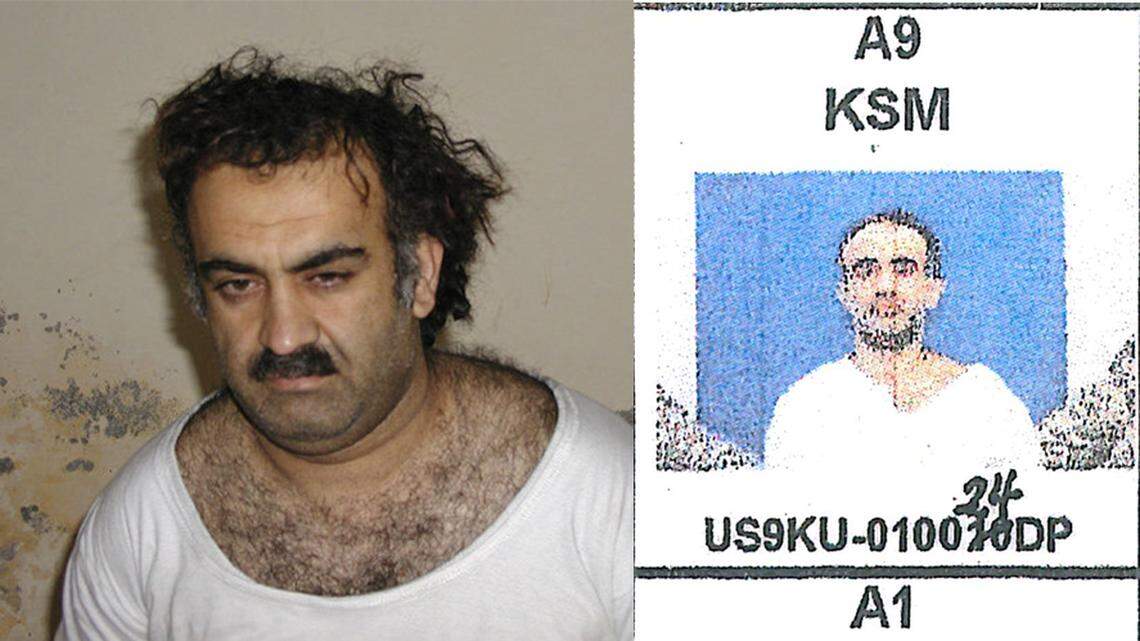 Khalid Sheik Mohammed, at left, in a photo released by the CIA soon after his March 2003 capture in Pakistan. At right, a never-published mug shot soon after his September 2006 transfer to Guantánamo, shows dramatic weight loss during his time in CIA custody. The mug shot, which also shows the arms of two soldiers in camouflage holding him, was taken from a chart of cell assignments at the covert Camp 7 obtained by McClatchy.