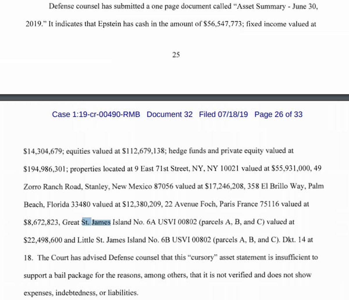 This screenshot of a July 18, 2019, federal court ruling denying bail to Jeffrey E. Epstein lists Great St. James island as one of his declared assets. He used shell companies to mask his purchase of the island from sellers who say they did not want to sell it to him.