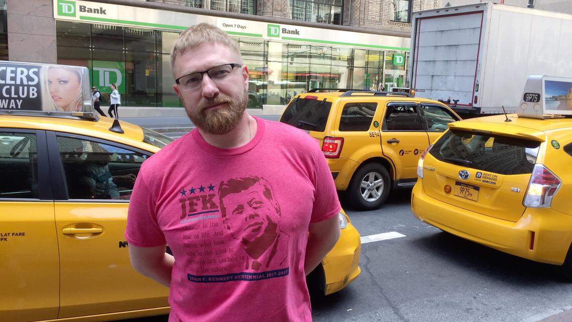 Alexander Malkevich, the chief of a Kremlin-backed website aimed at U.S. audiences, stands outside Grand Central Station in New York City on June 16, 2018. "America's famous freedom of press ... doesn't work," Malkevich tells a reporter.