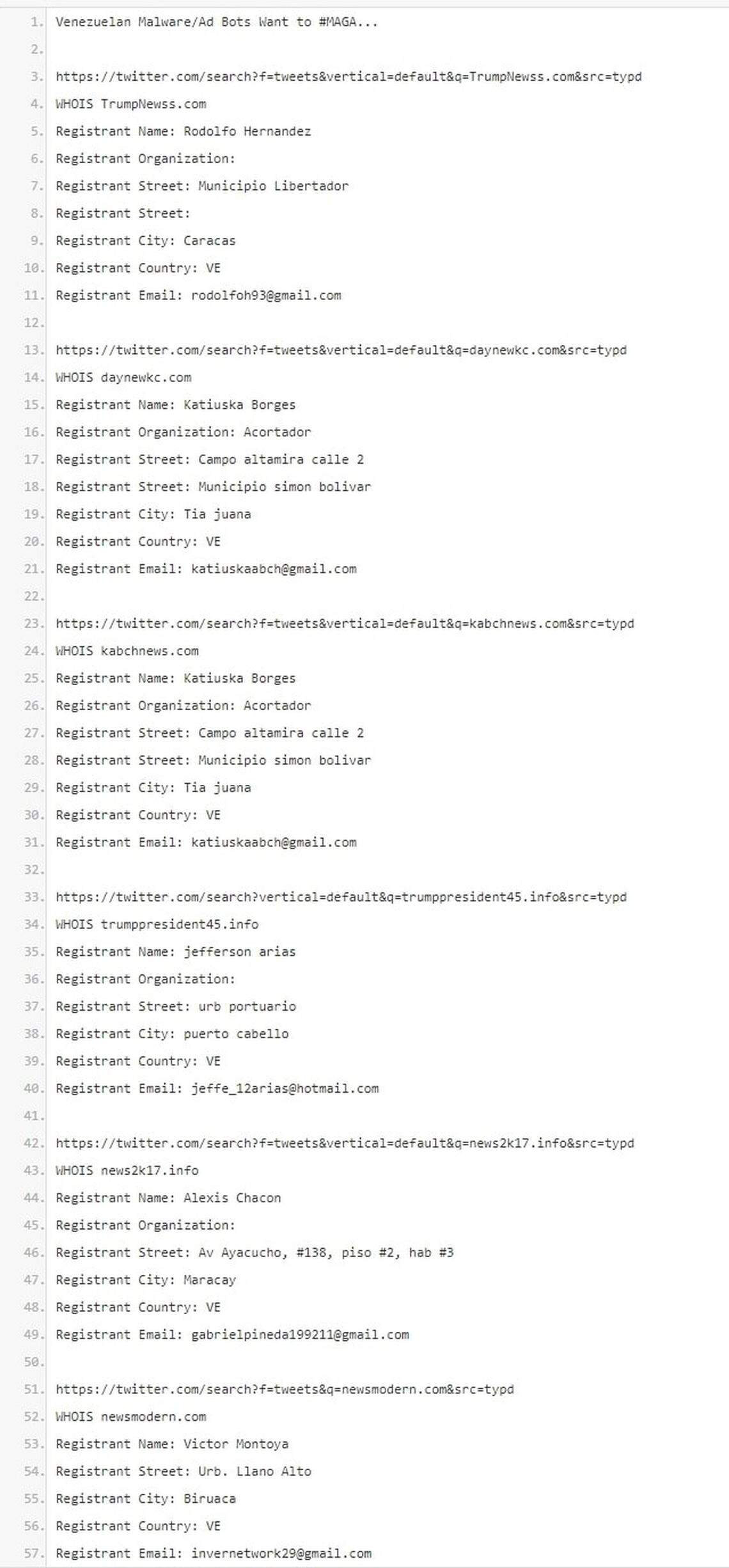 This screen shot posted by a user of the website Pastebin shows the Internet domains registered to people in Venezuela who were said to be spreading malware and ad bots via Twitter and Facebook postings during the 2016 U.S. elections and the immediate aftermath.