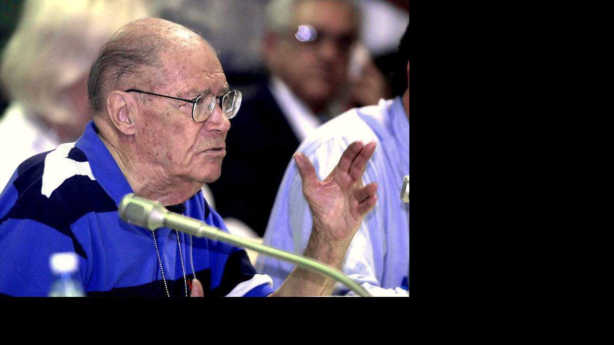 Former Secretary of Defense Robert McNamara speaks on the first day of the International Conference of the Cuban Missile Crisis on October 11, 2002, in Havana, Cuba.