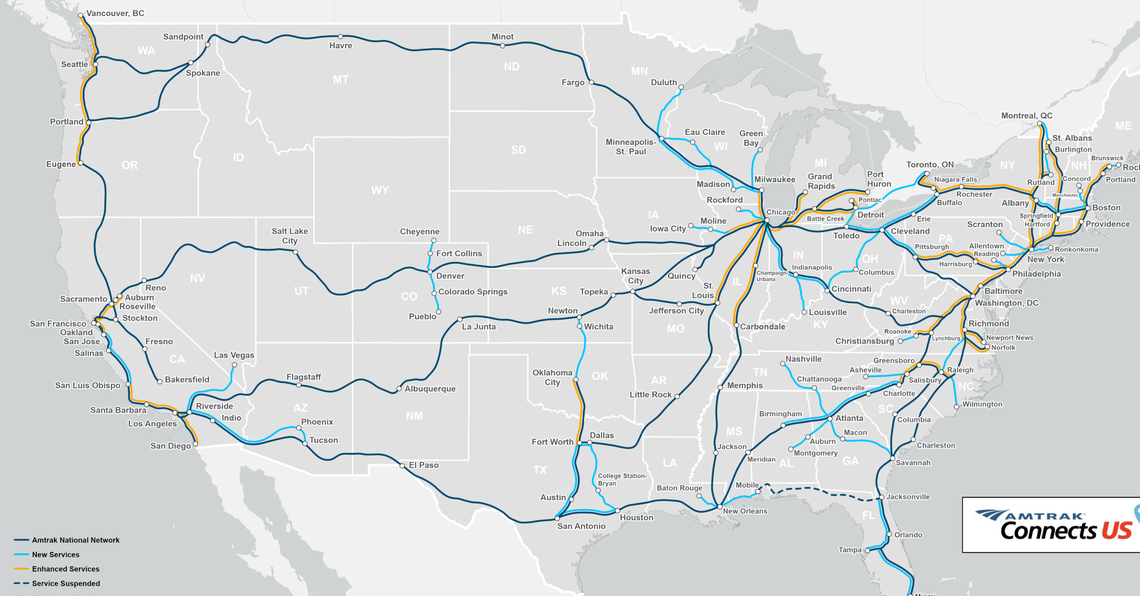 An Amtrak map shows where new routes could be located.