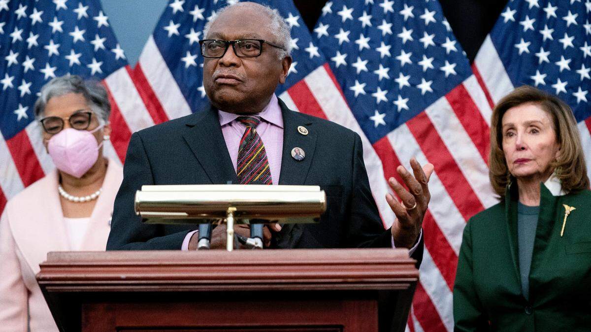 House Majority Whip James Clyburn, D-S.C., addresses reporters during a news conference to unveil the Joseph H. Rainey Room at the U.S. Capitol in Washington, Thursday, Feb. 3, 2022. Rainey, born into slavery in 1832, was elected to Congress representing South Carolina and sworn into office in 1870, becoming the first Black member of the House of Representatives.