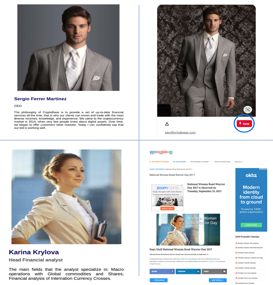 On the left are screenshots of ‘Sergio Ferrer Martinez’ and ‘Karina Krylova’ from Cryptobase’s website and on the right, the original sources of the images found by McClatchy.