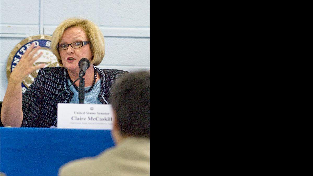 Sen. Claire McCaskill (D-Mo.) debates a point with Peter H. Bell, president of the National Reverse Mortgage Lenders Association, during a Senate hearing on reverse mortgages.