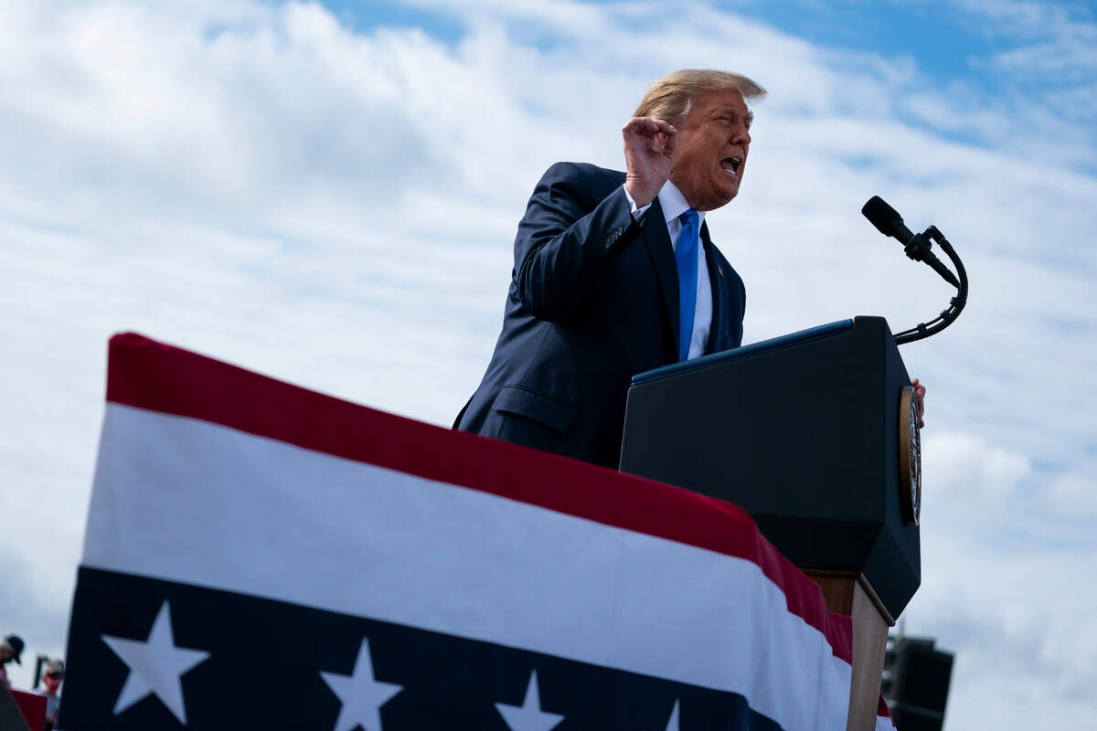 President Donald Trump speaks during a campaign rally at Pitt-Greenville Airport, Thursday, Oct. 15, 2020, in Greenville, N.C. (AP Photo/Evan Vucci)