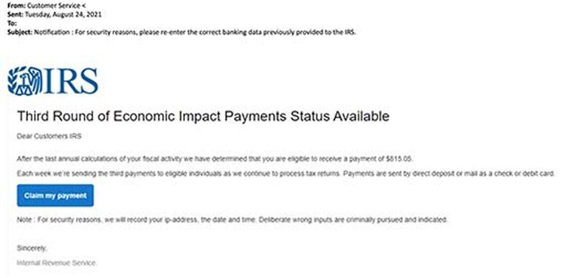 A photo from the IRS shows an example of a phishing email claiming the recipient is eligible for a payment.