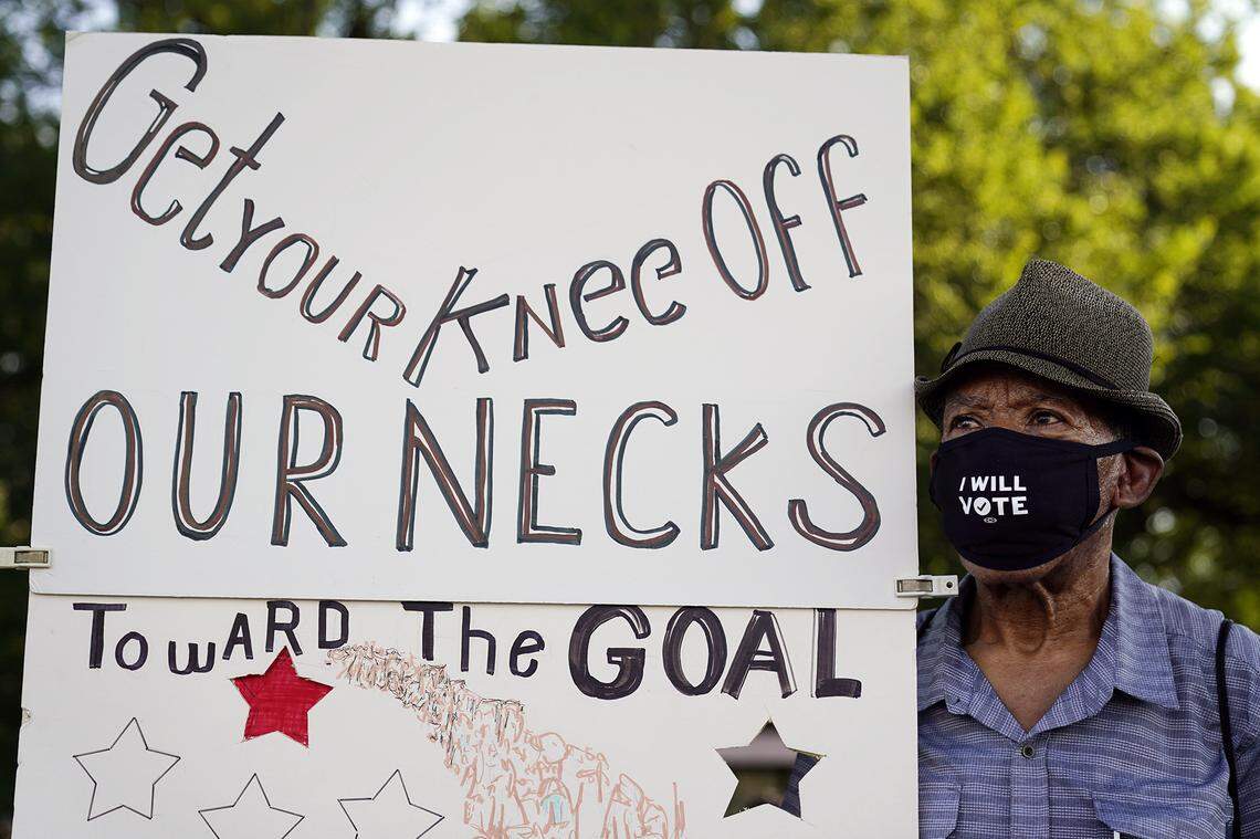 Walter Carter, 74, of Gainesville, Fla., attends the March on Washington, Friday Aug. 28, 2020, at the Lincoln Memorial in Washington, on the 57th anniversary of the Rev. Martin Luther King Jr.’s “I Have A Dream” speech. (AP Photo/Jacquelyn Martin)