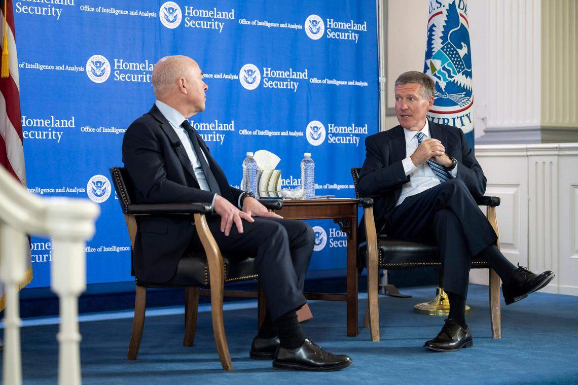 Homeland Security Secretary Alejandro Mayorkas participates in a fireside chat with the Under Secretary of Intelligence and Analysis, Kenneth L. Wainstein, at the Nebraska Avenue Complex in Washington, DC, on June 7, 2023.
