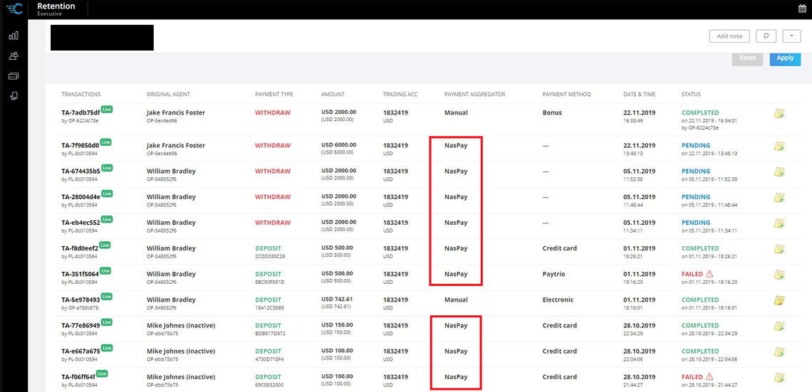 A screenshot of the application used by Milton staff shows how they used NasPay to move their money.