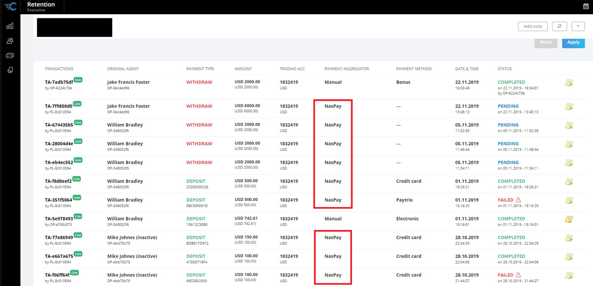 A screenshot of the application used by Milton staff shows how they used NasPay to move their money.