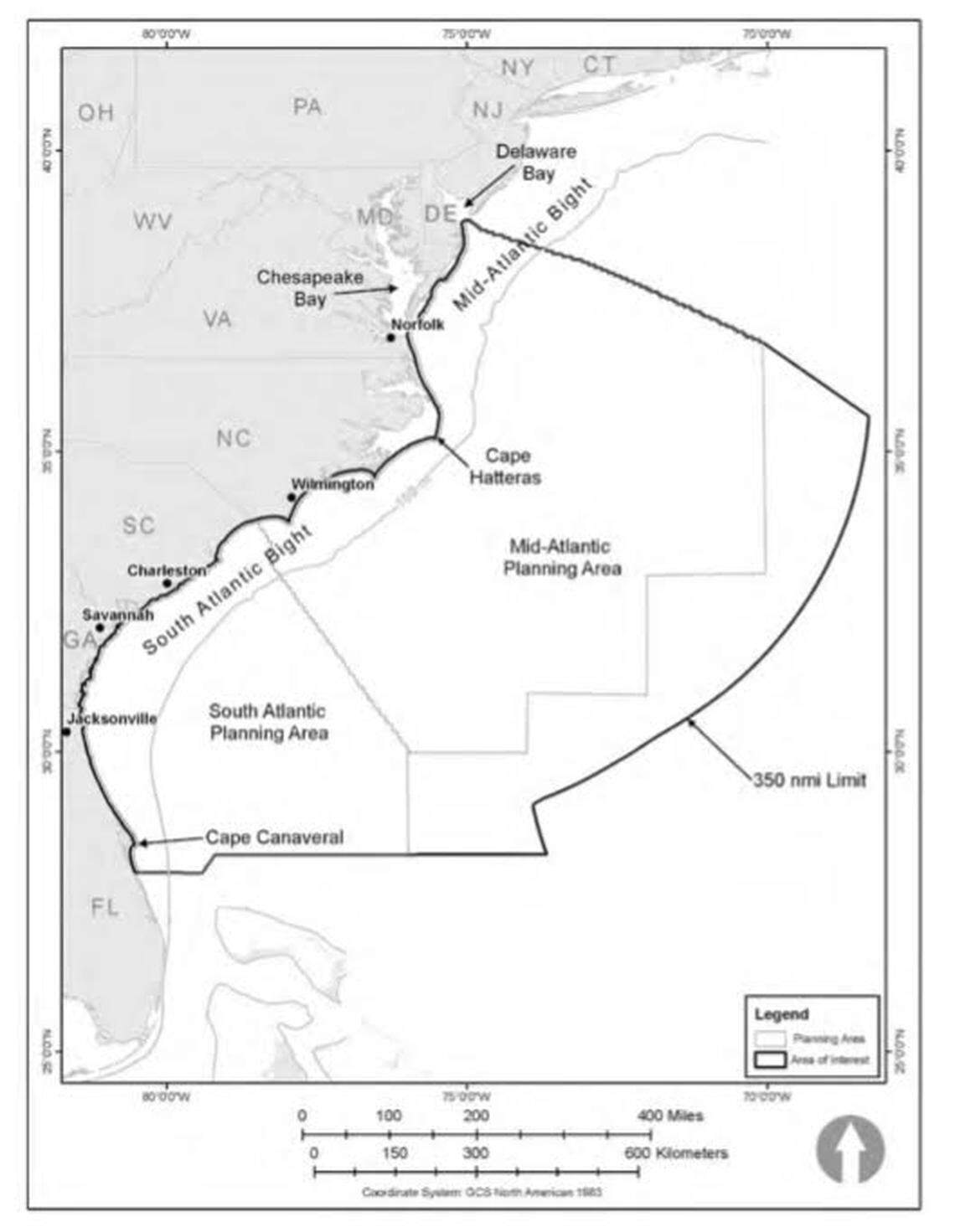 Map showing location off the Atlantic coastline where companies will be allowed to conduct seismic testing, a prelude to future oil exploration.