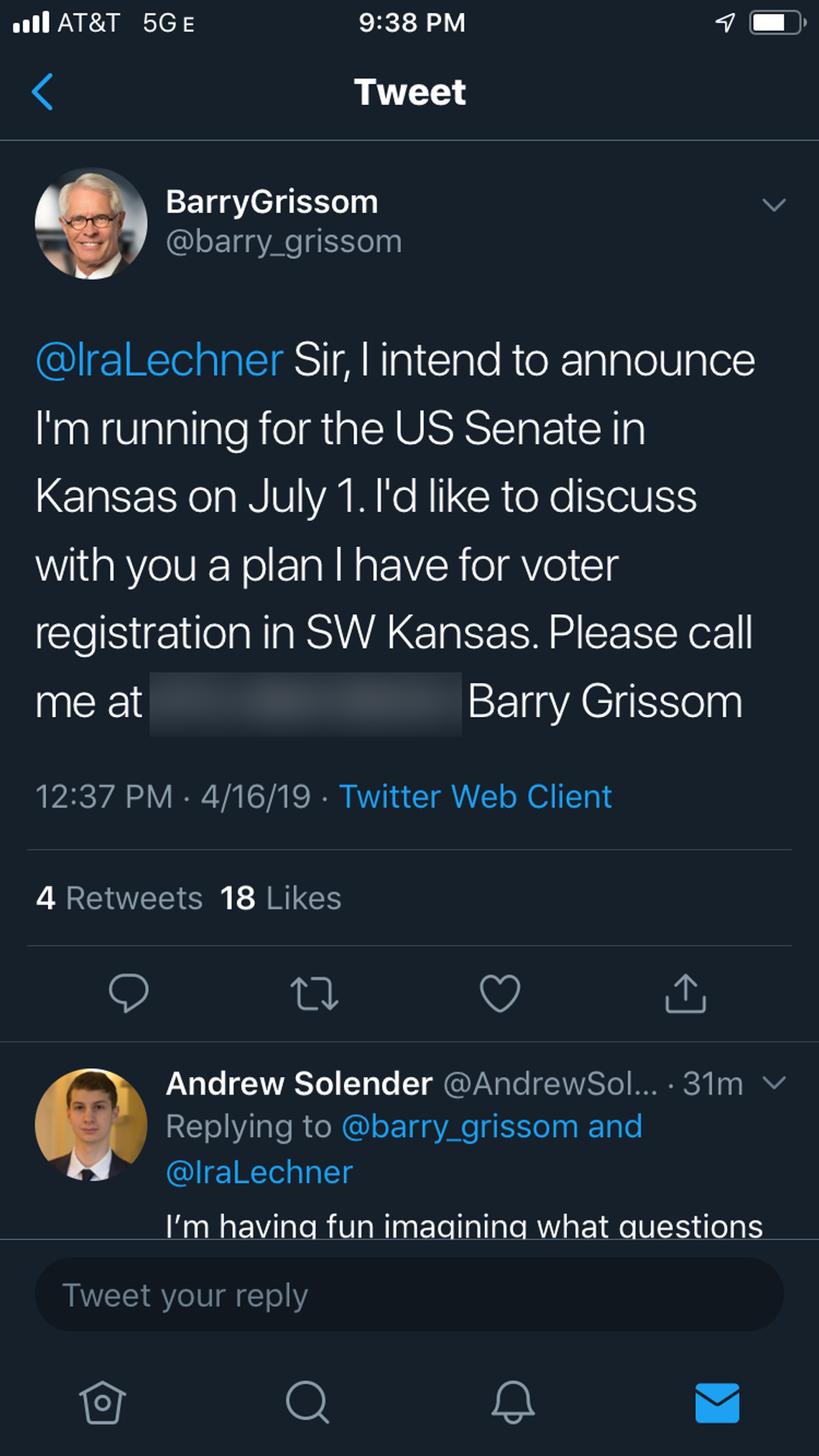 Former U.S. Attorney Barry Grissom accidentally revealed his plans to launch a campaign for Senate in July on Twitter last week.