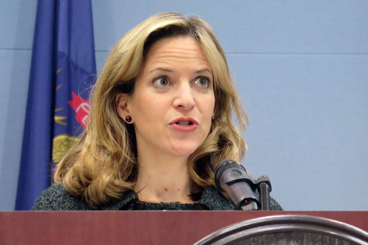 Michigan Secretary of State Jocelyn Benson speaks at a news conference about election security and later-than-typical results being expected in the state’s presidential primary next week on Thursday, March 5, 2020, at the Romney Building in Lansing, Mich. Benson said clerks will face challenges because it is the first major election since voters approved a ballot initiative authorizing no-reason absentee voting and registration through Election Day. (AP Photo/David Eggert)