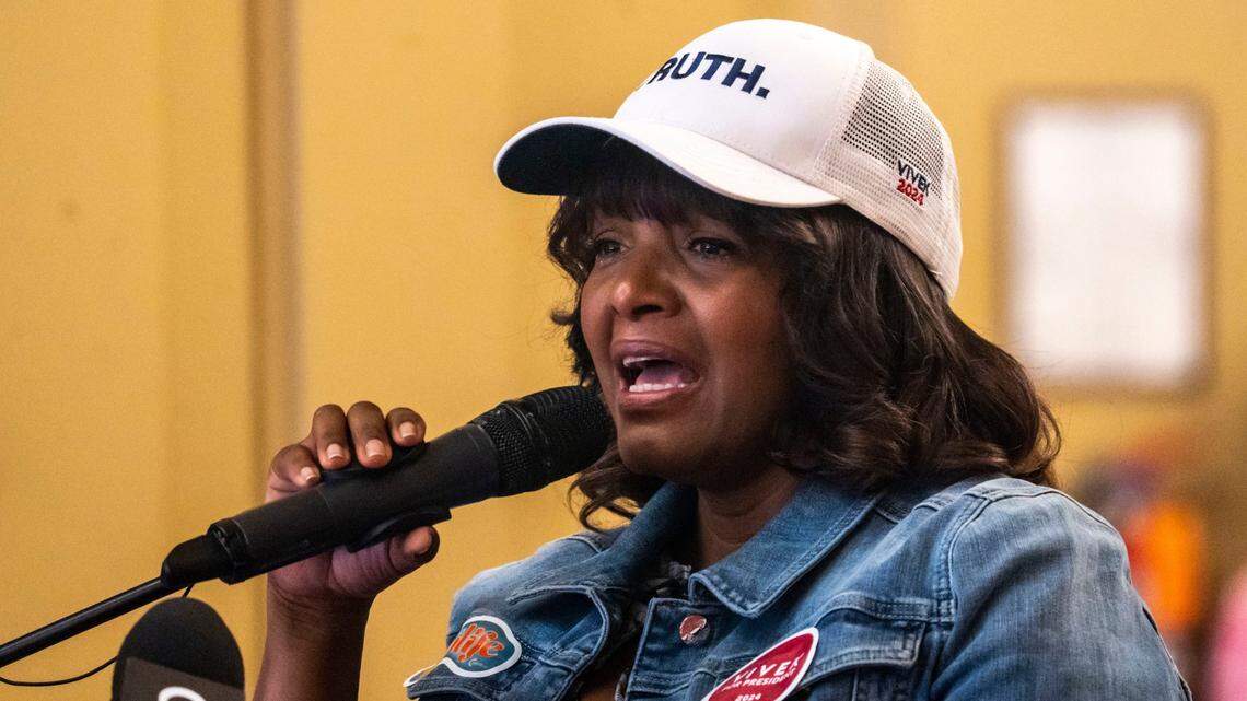Kathy Barnette, national grassroots director for Vivek Ramaswamy speaks during an Iowa March for Life rally at the Iowa State Capitol on Saturday, June 24, 2023, in Des Moines.