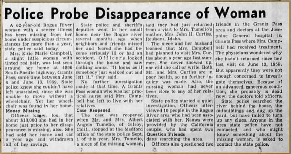 Multiple news outlets in Oregon wrote about the disappearance of Elsie Marie Campbell when she was reported missing in 1960.